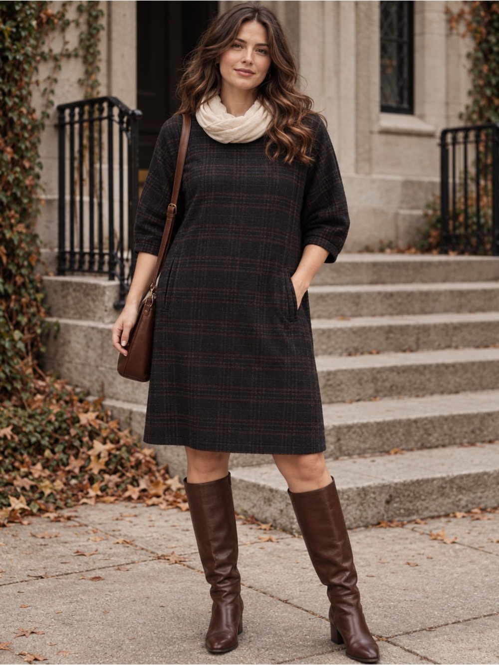 Poetry Wool Blend Plaid Shift Dress US 12 Black Brown Pockets Academia Preppy
